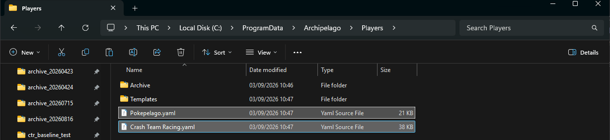The Players folder in Windows Explorer, holding one YAML file for each slot in the multiworld.