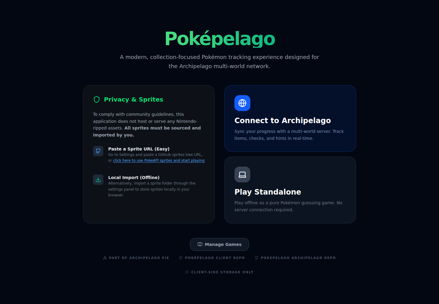 The Poképelago opening screen with the PokeAPI sprite shortcut, Connect to Archipelago, Play Standalone, and Manage Games.