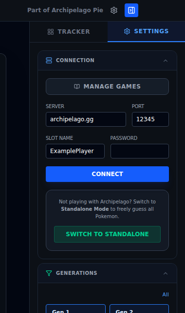 The Connection section of the Poképelago Settings sidebar, showing server, port, slot name, password, and the Connect button.