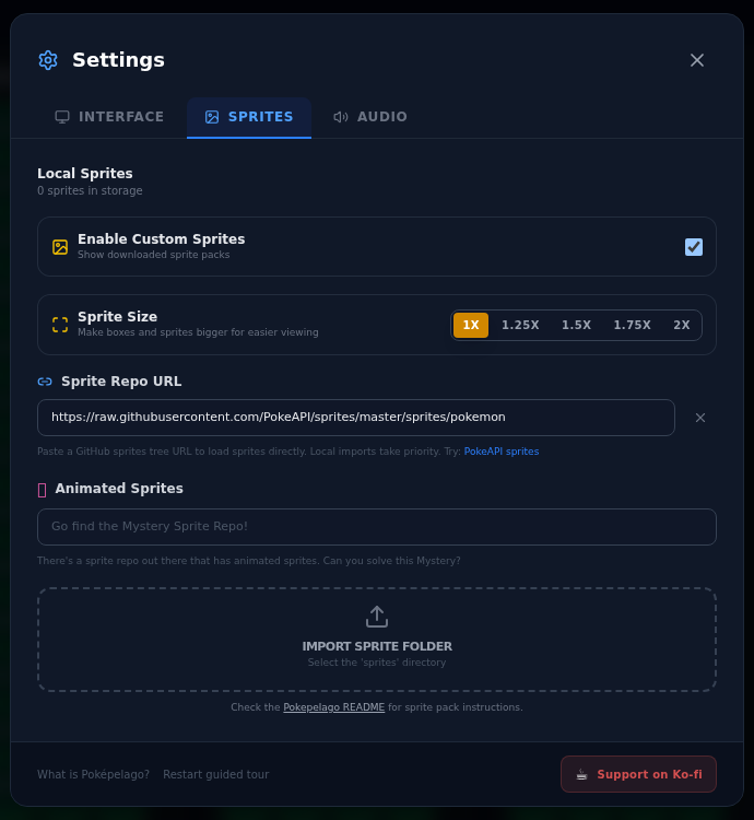 The Sprites tab in Poképelago Settings, showing the Sprite Repo URL field and Import Sprite Folder button.