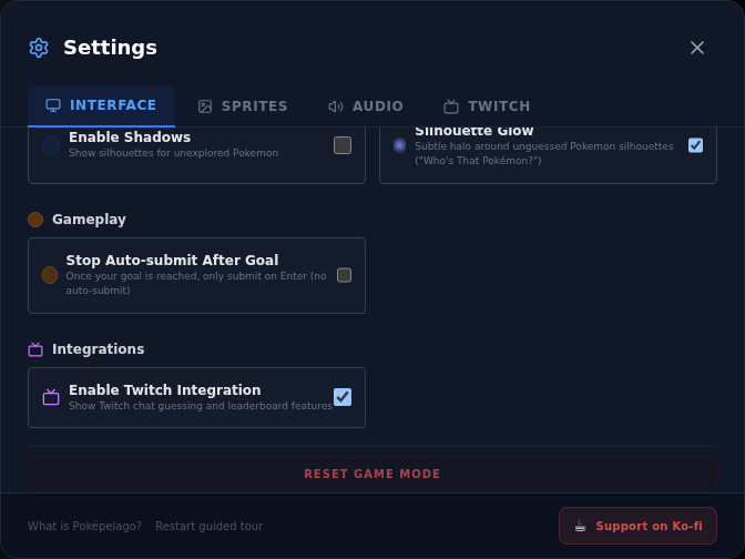 The Interface tab of Poképelago Settings, scrolled to Integrations, with Enable Twitch Integration switched on and a Twitch tab visible beside Audio.