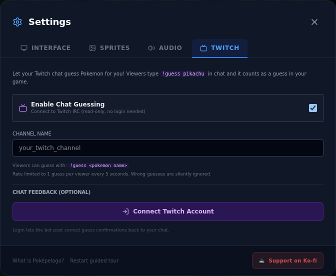 The Twitch tab of Poképelago Settings with Enable Chat Guessing switched on, an empty Channel Name field, and the Connect Twitch Account button under Chat Feedback.