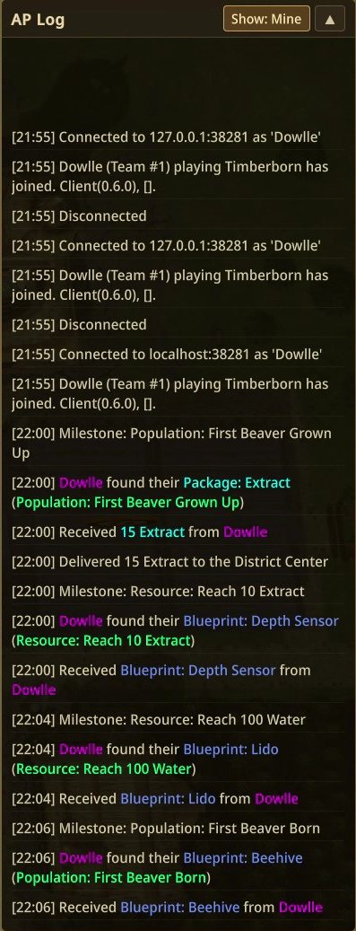The AP Log listing Received 15 Extract from Dowlle, then Delivered 15 Extract to the District Center, among milestones and received blueprints