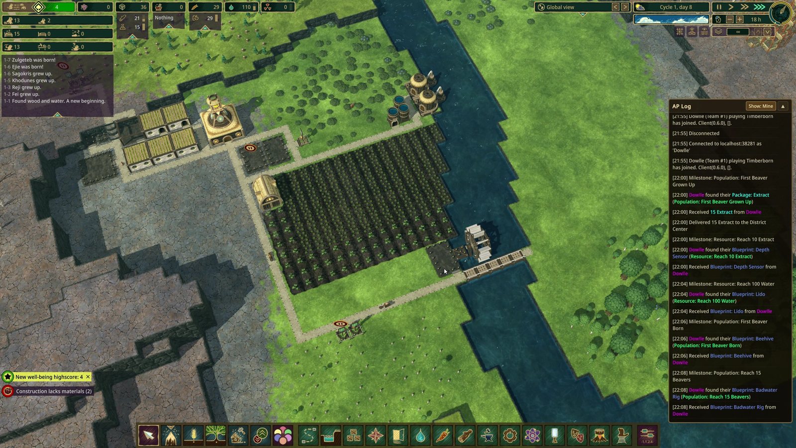 A Folktails colony with farms and a water wheel beside a river, while the AP Log on the right lists milestones and blueprints received from the multiworld
