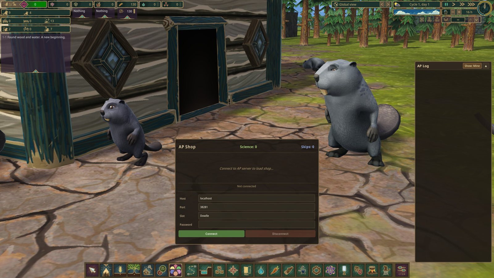 Two Iron Teeth beavers beside their District Center, with the AP Shop open and not yet connected, showing the Host, Port, Slot and Password fields