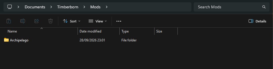 File Explorer at Documents, Timberborn, Mods, with a single folder named Archipelago